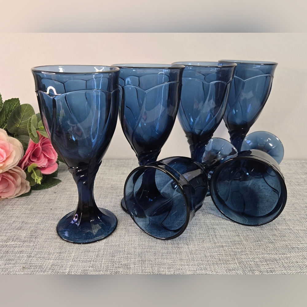 Vintage Set of 6 Noritake Sweet Swirl Dark Midnight Blue Goblets